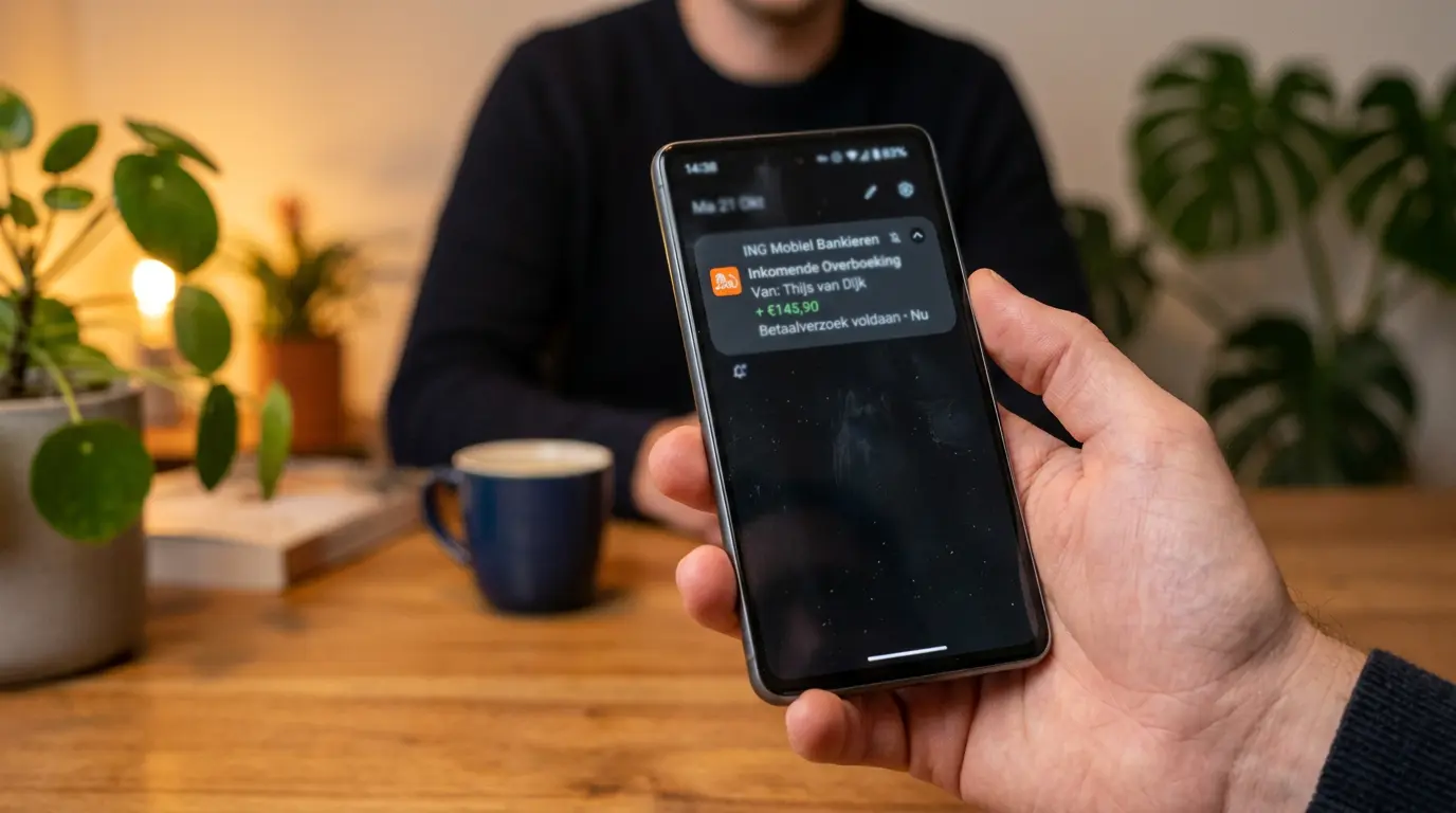 Smartphone met een Nederlandse bank-app die een binnenkomende overboeking toont op het notificatiescherm
