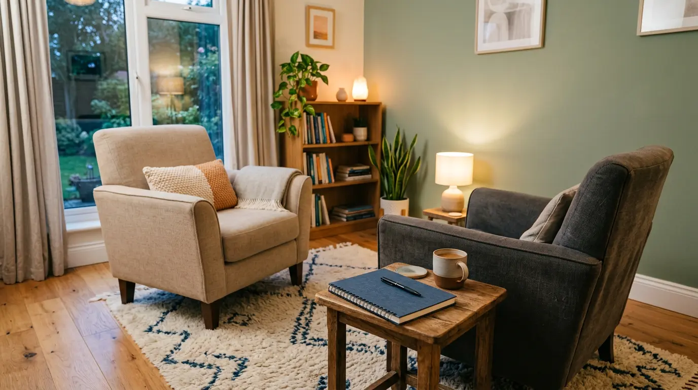 Sessie cognitieve gedragstherapie in een kalme behandelkamer met therapeut en cliënt