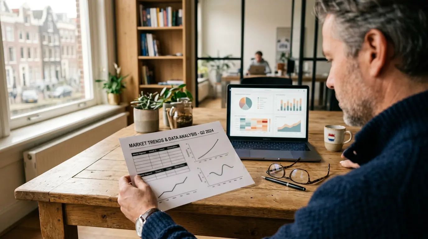 Analist bestudeert KSA Monitoringsrapportage met cijfers over de Nederlandse onlinemarkt