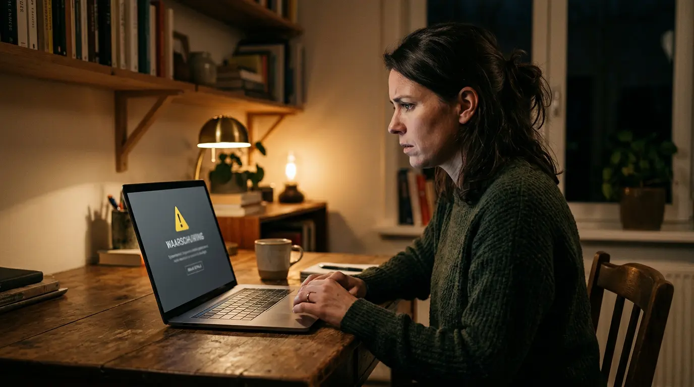 Persoon kijkt zorgelijk naar een laptopscherm met een waarschuwingsteken als illustratie van risico's bij illegale online casino's