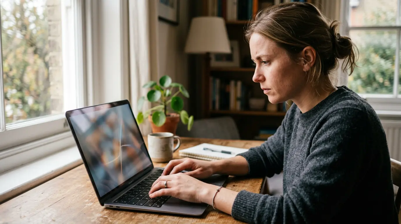 Persoon vult een online klachtenformulier in op een laptop met aandacht voor zorgvuldige formulering