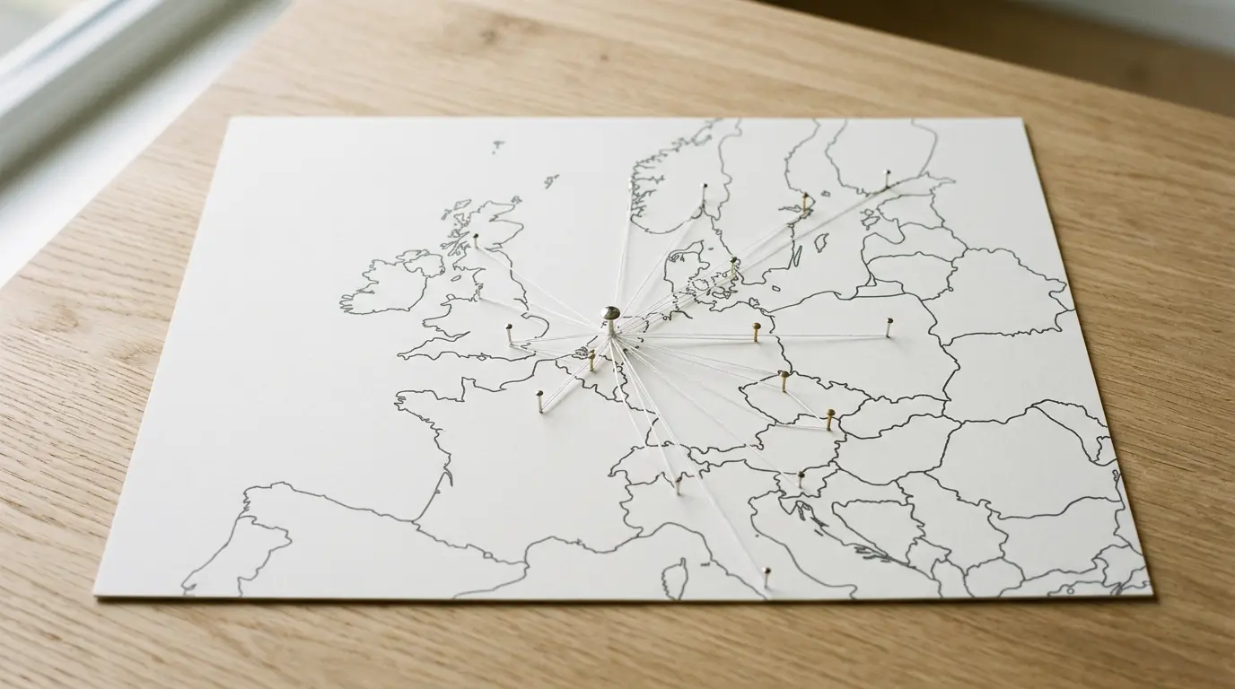 Kaart van Europa met verbindingslijnen tussen banken als visualisatie van een open-banking-API-netwerk