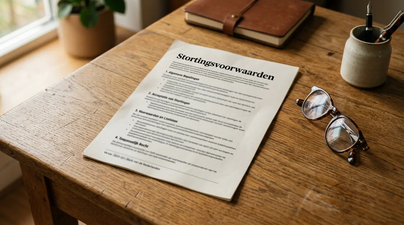 Document met stortingsvoorwaarden van een online casino opengeslagen op een bureau