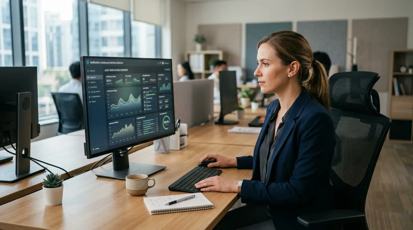 Beeld van een operator-medewerker die KYC- en AML-controles uitvoert voor een uitbetalingsverzoek