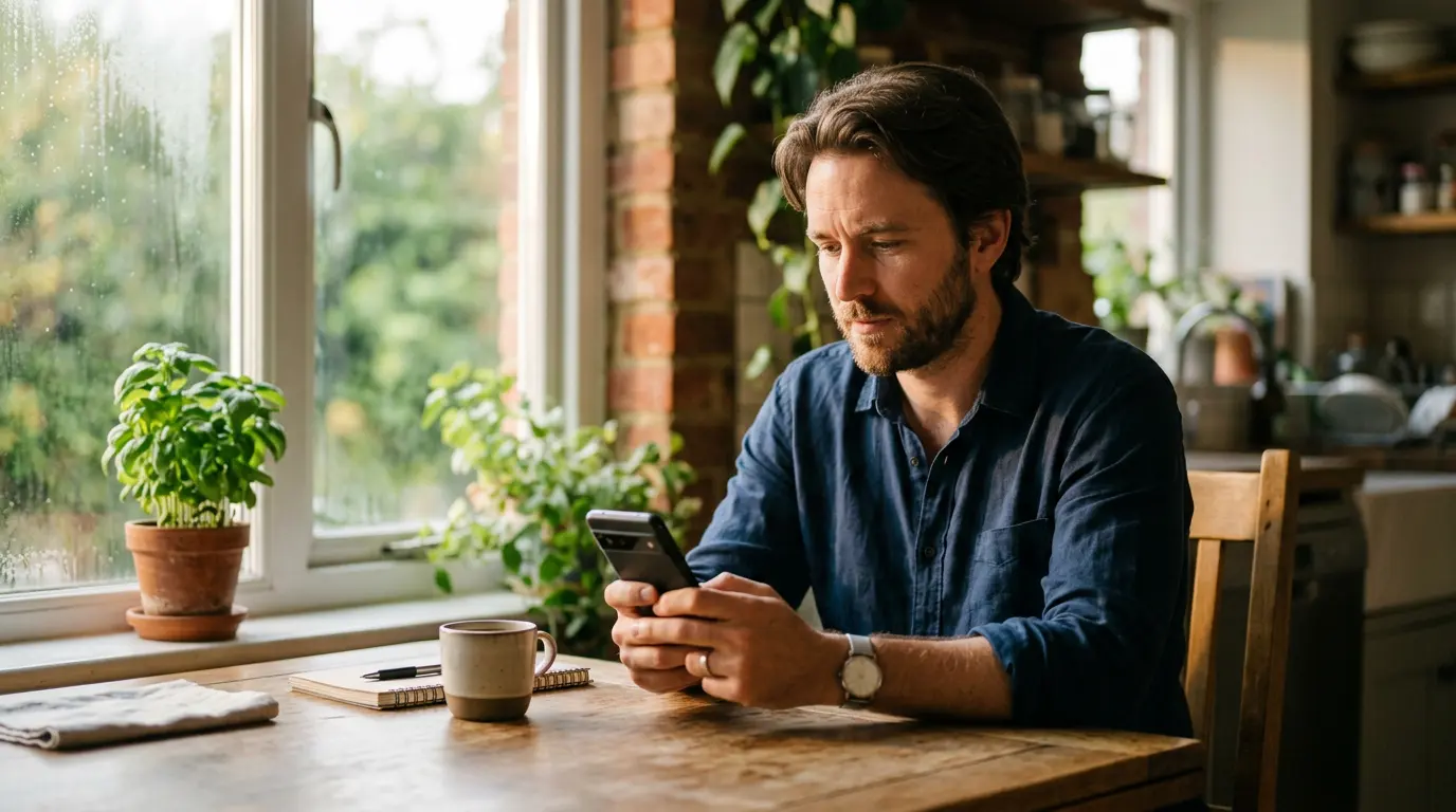 Beeld van een speler die bewust nadenkt over zijn stortingskeuze op een mobiel apparaat