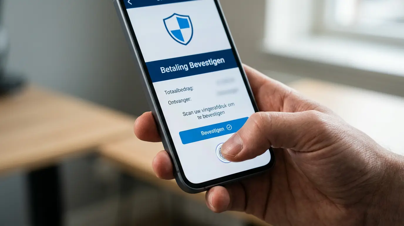 Persoon bevestigt een online betaling met biometrische authenticatie in een bank-app volgens PSD2-SCA