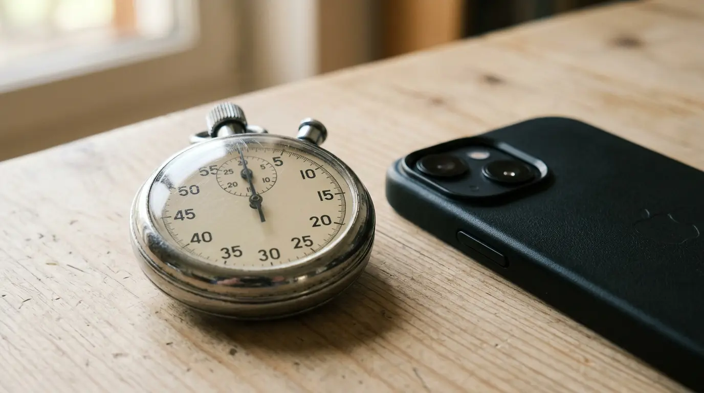 Stopwatch op nul naast smartphone met bank-app als illustratie van de tien-seconden-snelheid van SEPA Instant