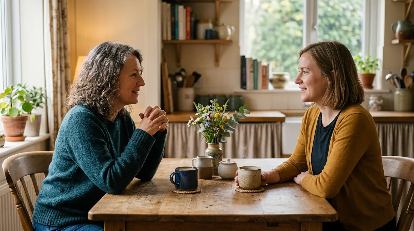 Twee mensen in een open en ondersteunend gesprek over spelgedrag aan een tafel