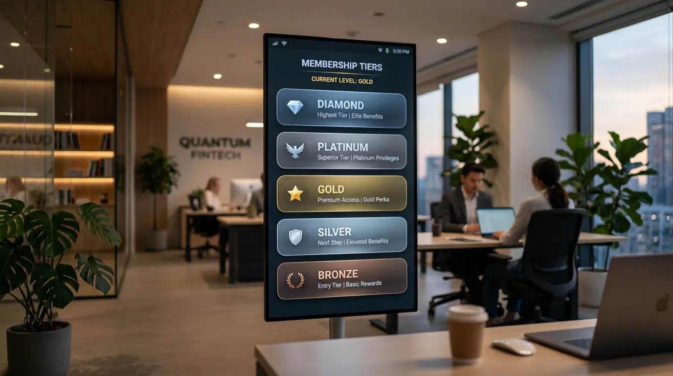Vijf VIP-niveaus van Bronze tot Diamond met bijbehorende beloningen op een dashboard