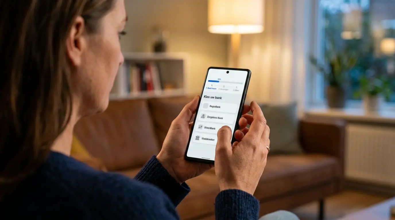 Persoon volgt op een smartphone de opeenvolgende stappen van een Volt-storting bij een online casino